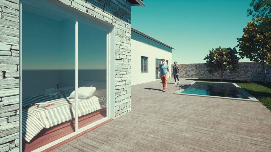 Construction maison de vacances Ile de Ré vue extérieure avec terrasse en bois et piscine