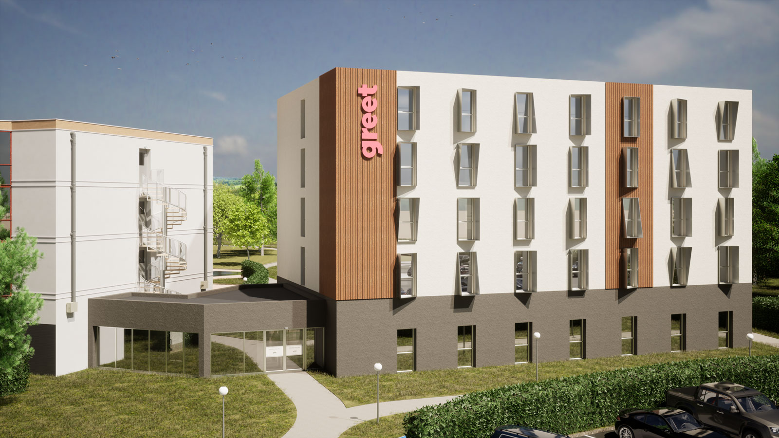 Construction-hotel-Greet-facades-blanches-bardage-bois-soubassement-noir-architecte-area-creatio-groupe-ameo