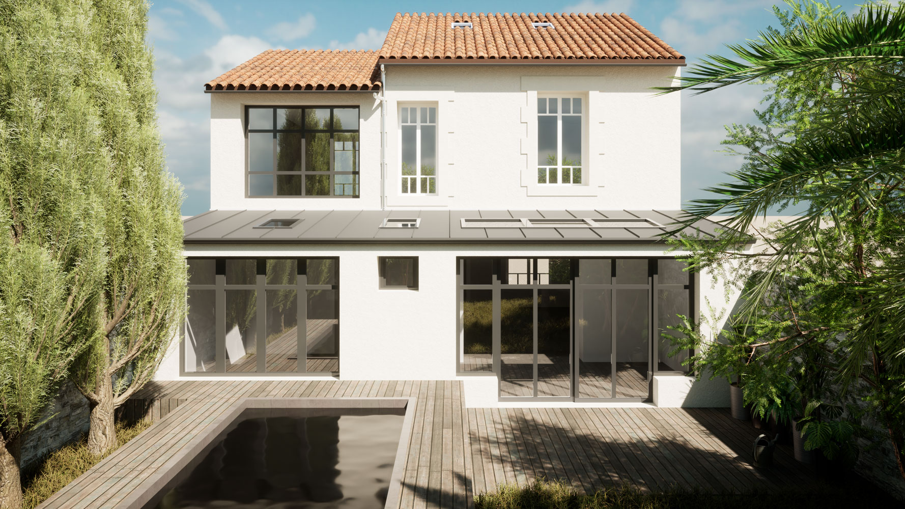 extension-moderne-veranda-acier-avec-piscine-et-plage-en-bois-centre-la-rochelle