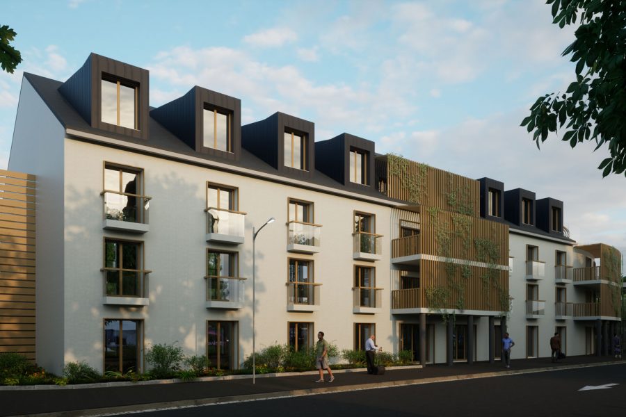Projet d'architecture pour la construction d'un hôtel avec des façades en bois, noires et blanche par Area Créatio